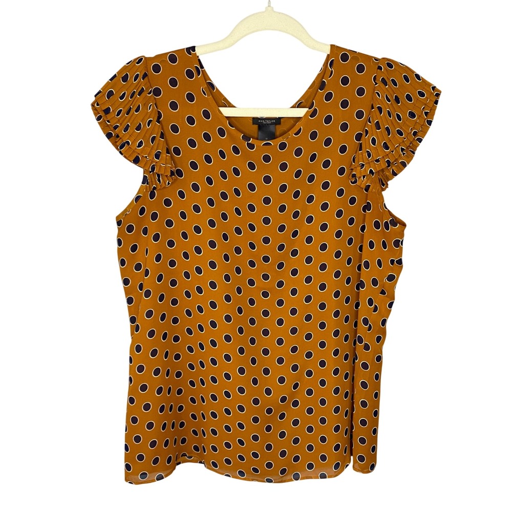 Ann Taylor Factory Mustard Polka Dot Pleated Flutter Sleeve Blouse Womens Medium